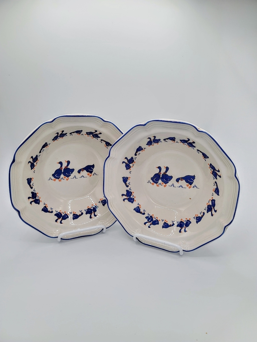 Hankook Blue Geese Serving Bowls 9” Set 2 Korea Farmhouse Goose Pattern Vintage